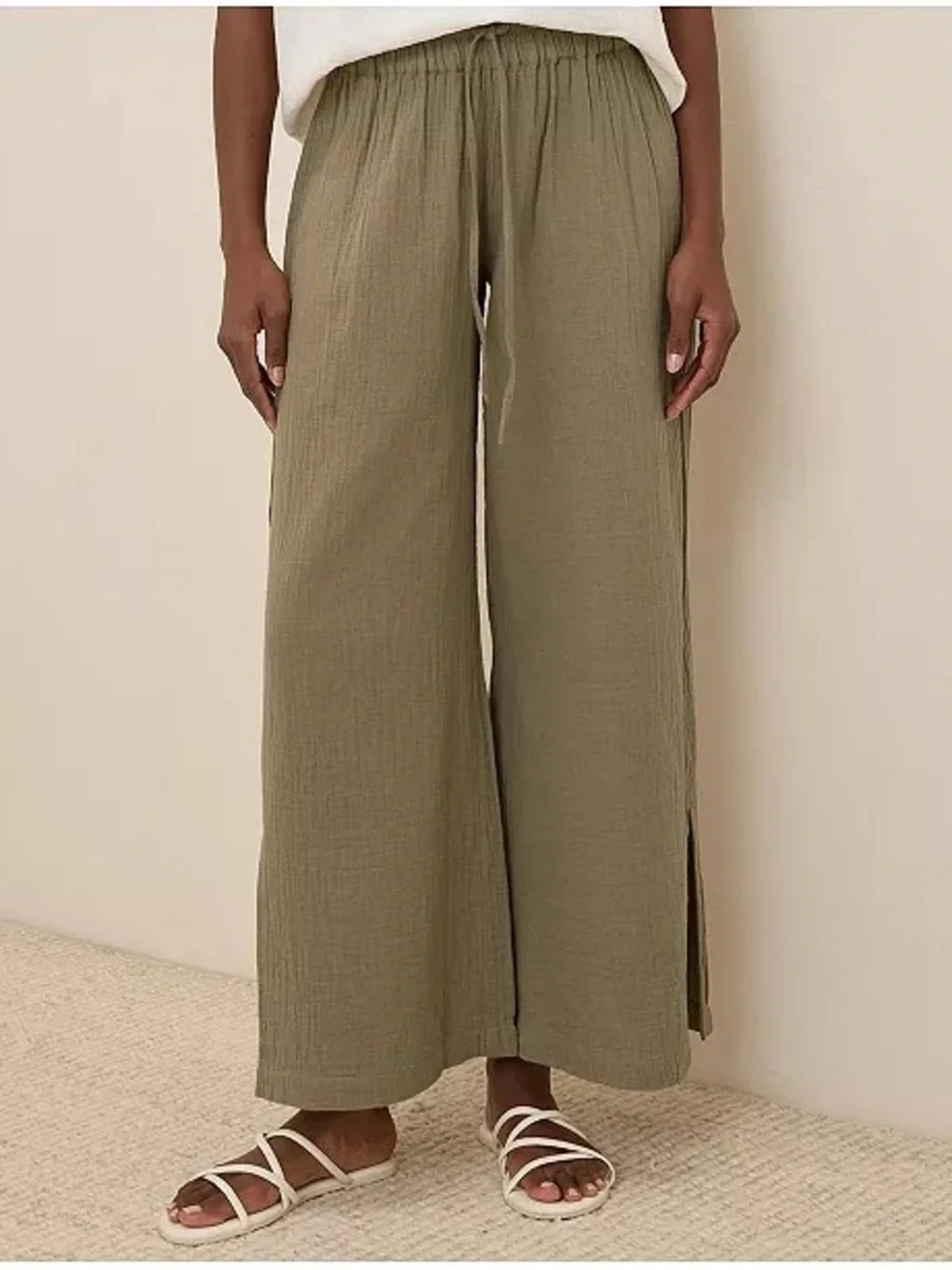 Pact Coastal Double Gauze Split Hem Pants Organic Cotton Khaki Green Size XS